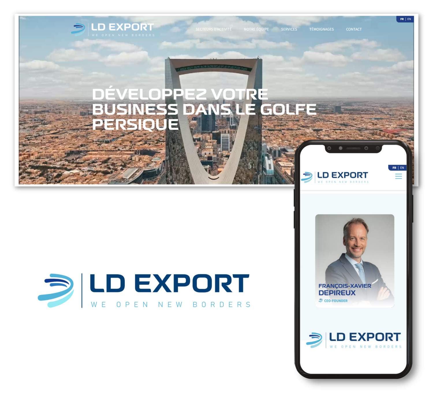 Mockup du site web one-page refondu de LD Export avec nouvelle charte graphique et logo